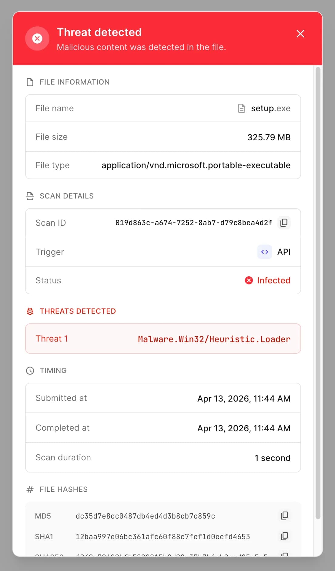 Scan details dialog with file and scan information