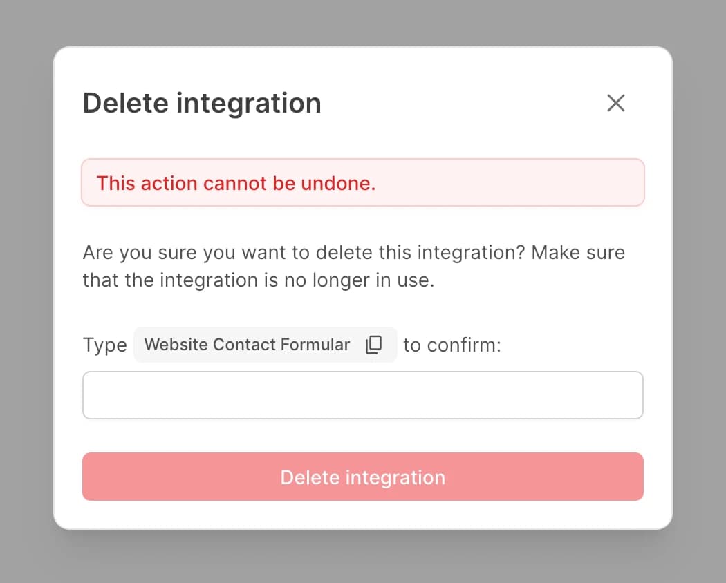 Delete integration dialog with confirmation input