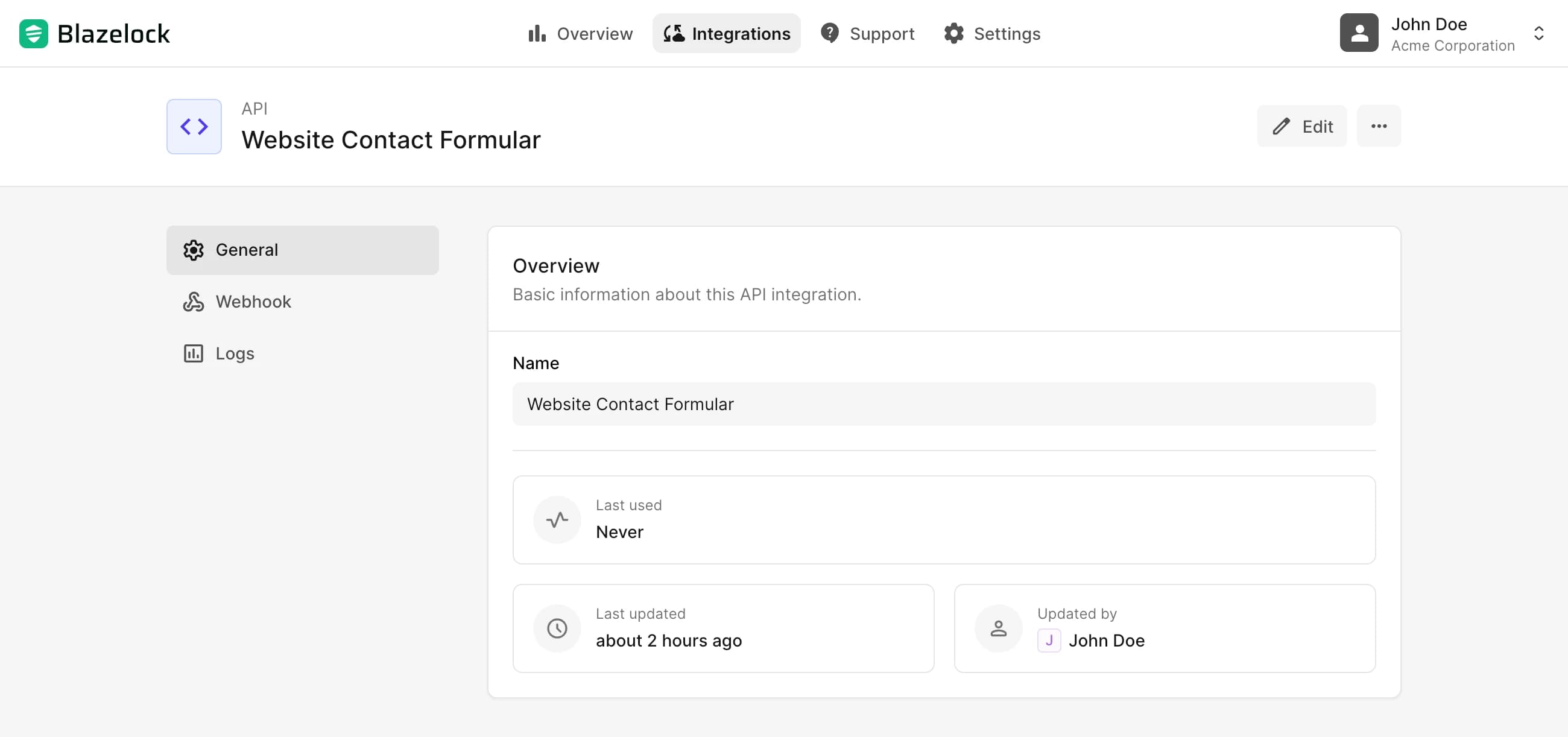 Integration detail page with navigation and configuration area