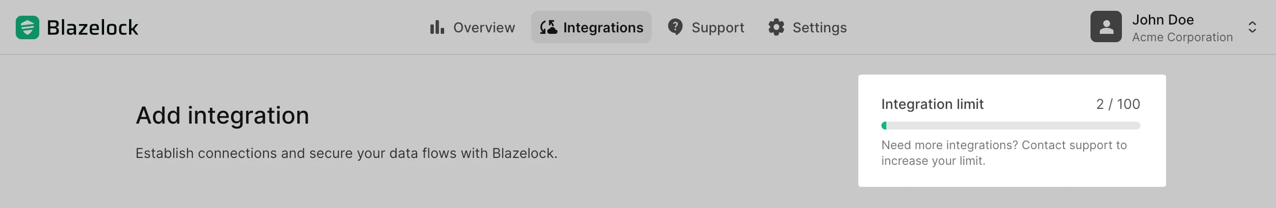 Integration limit card on the create integration page