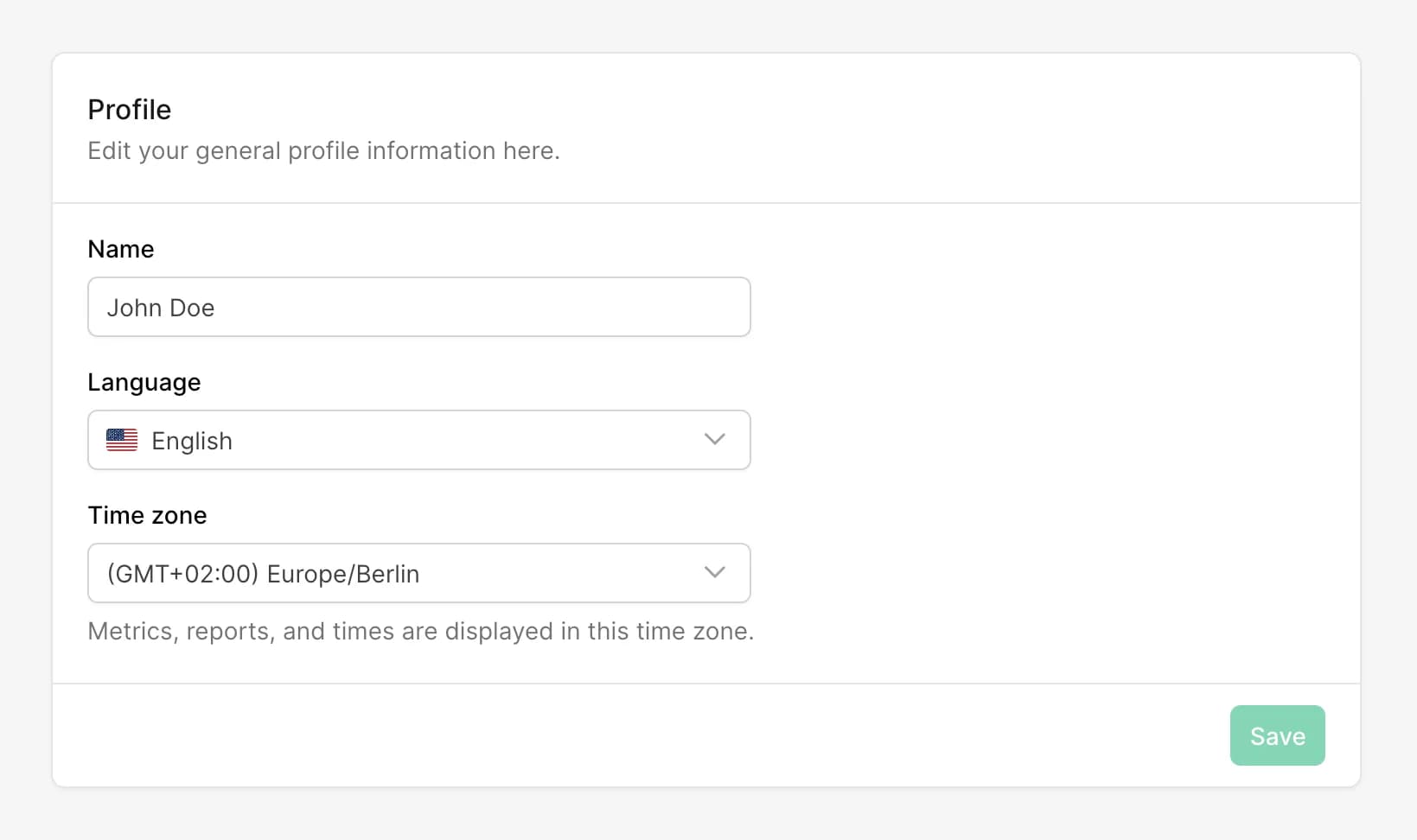 Profile section with name, language, and time zone settings