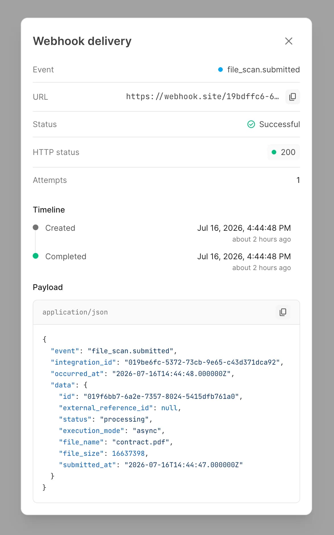 Webhook delivery-details dialog