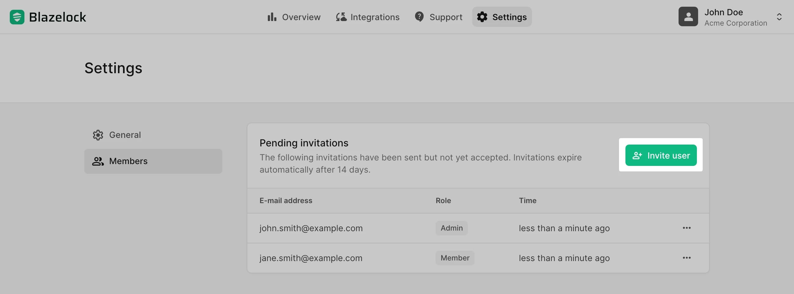 Members page with invitation action and pending invitations