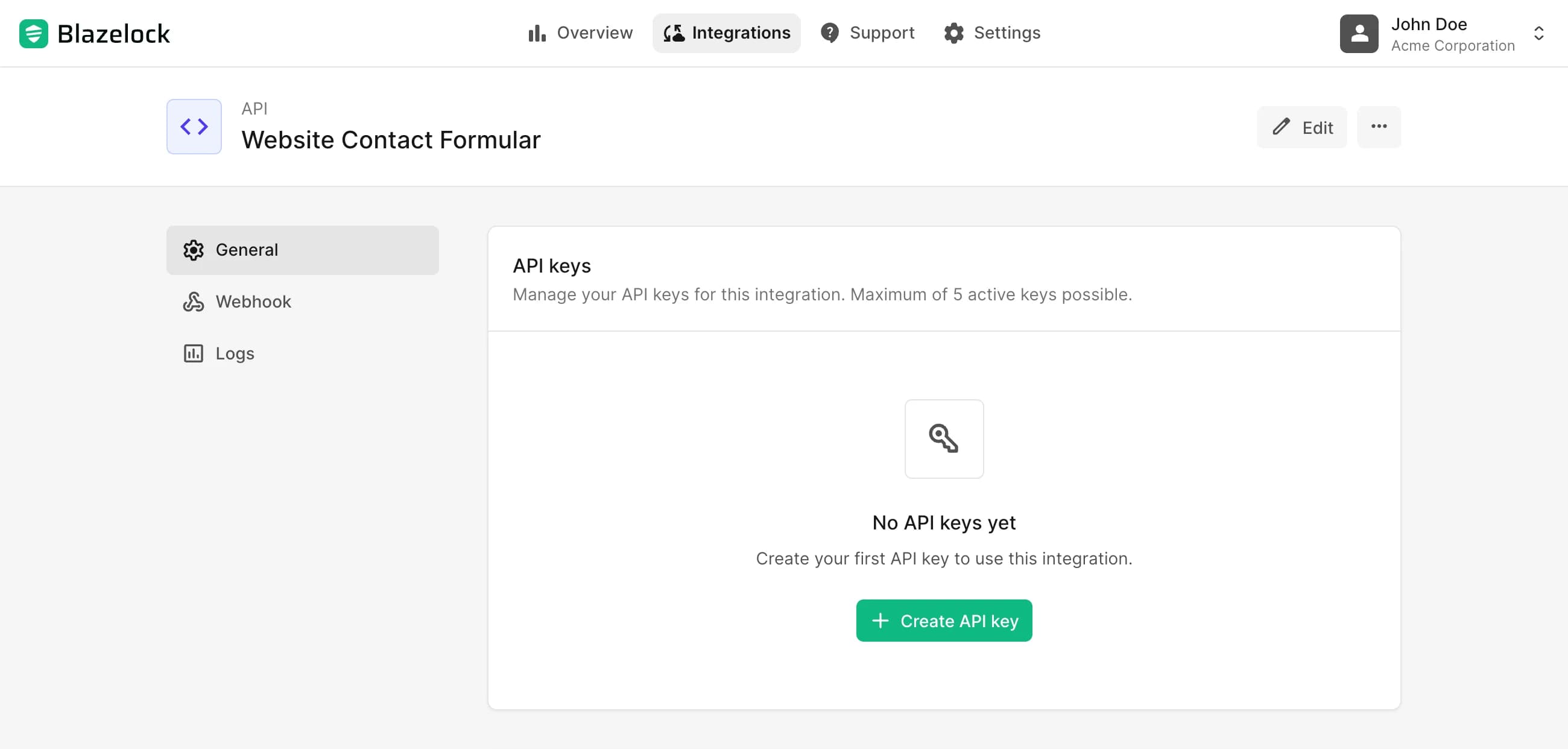 Screenshot of the API integration overview