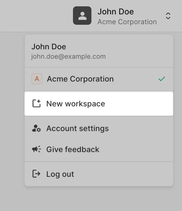User menu with the New workspace action
