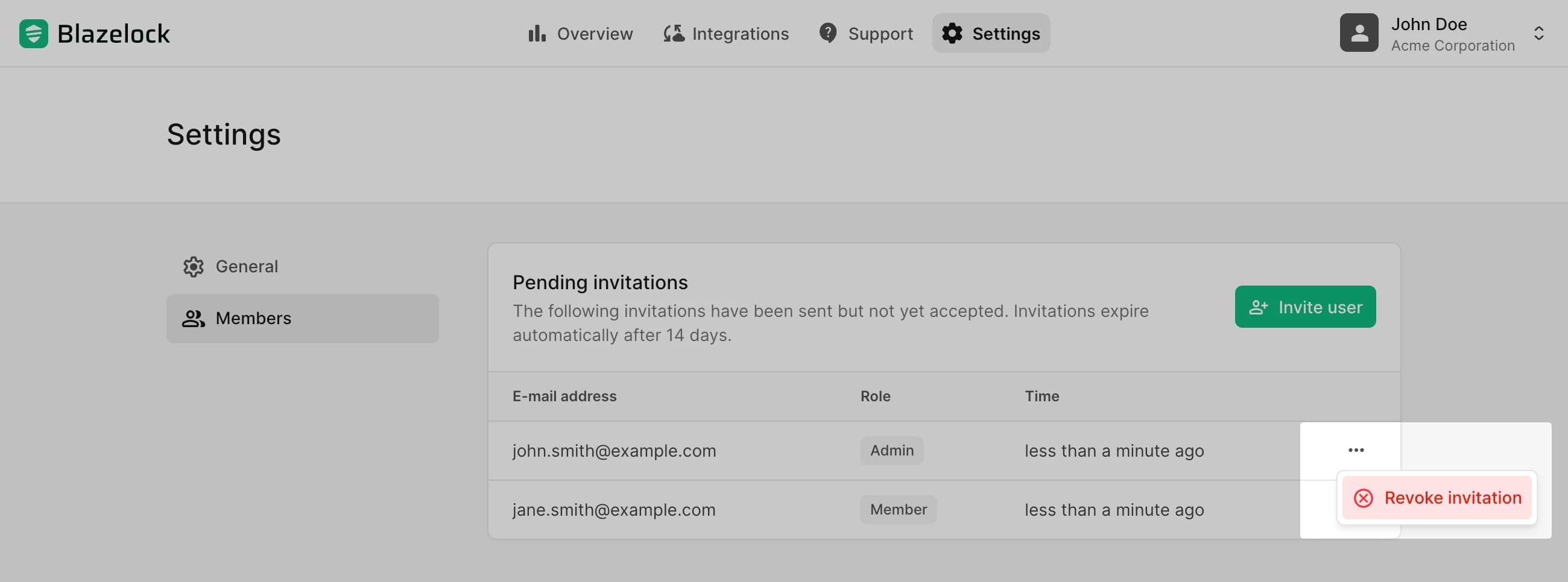 Pending invitations list with revoke action