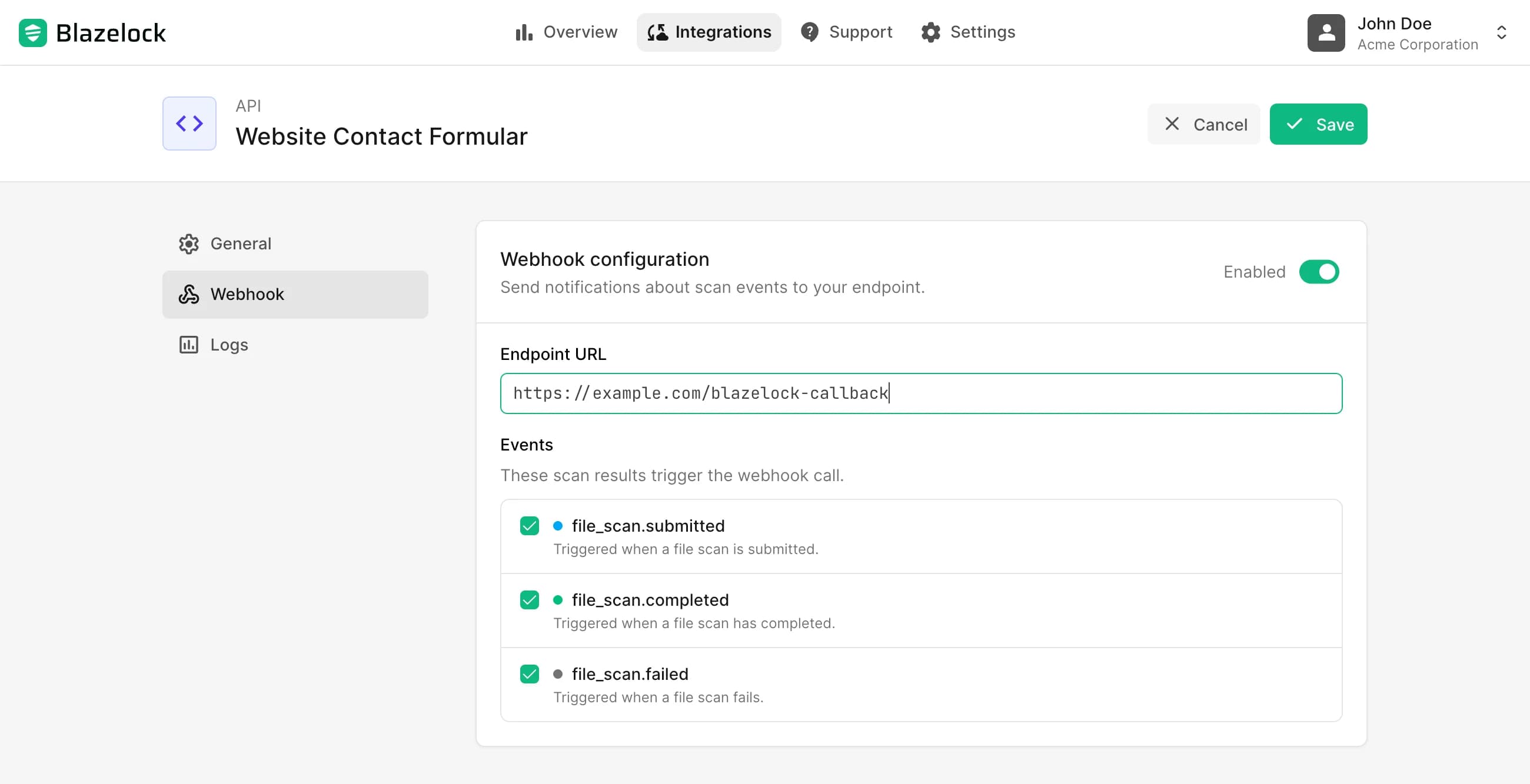 Webhook configuration with status toggle, endpoint URL, and event selection