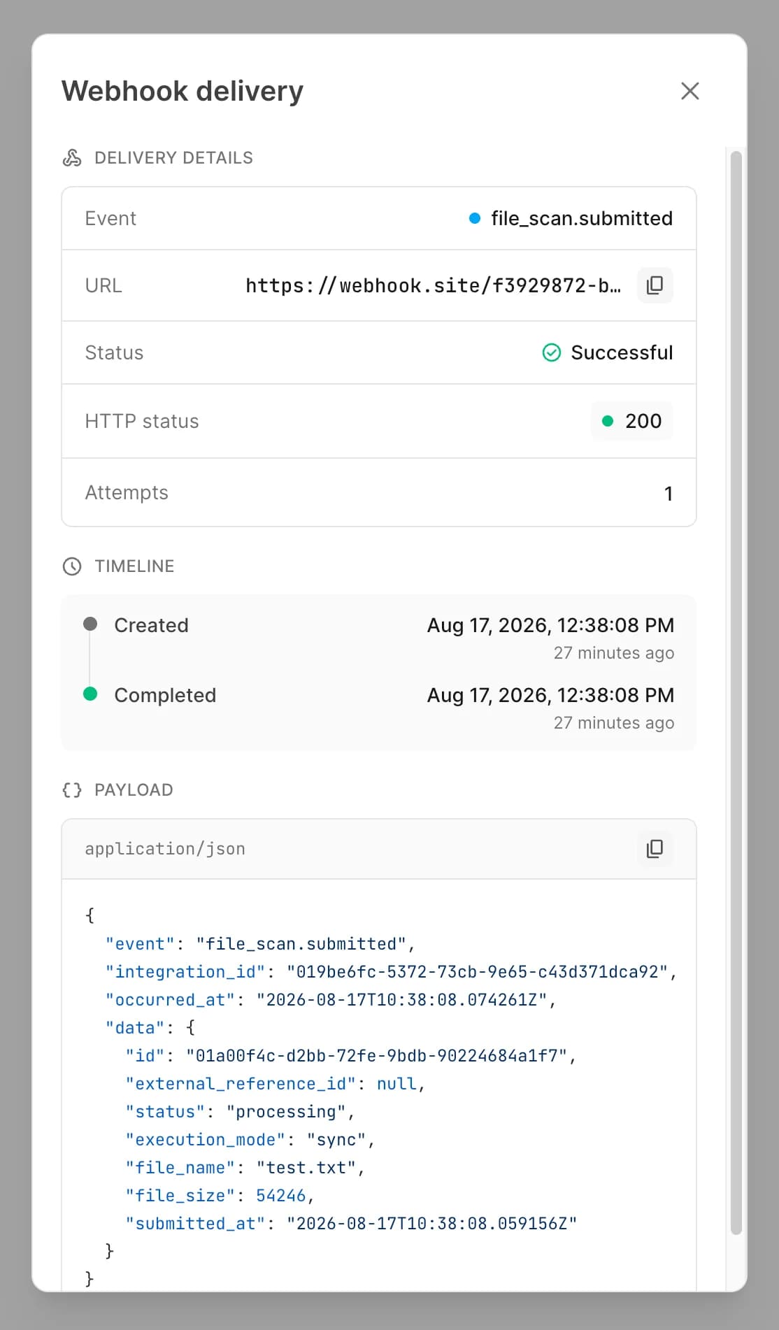Webhook delivery-details dialog