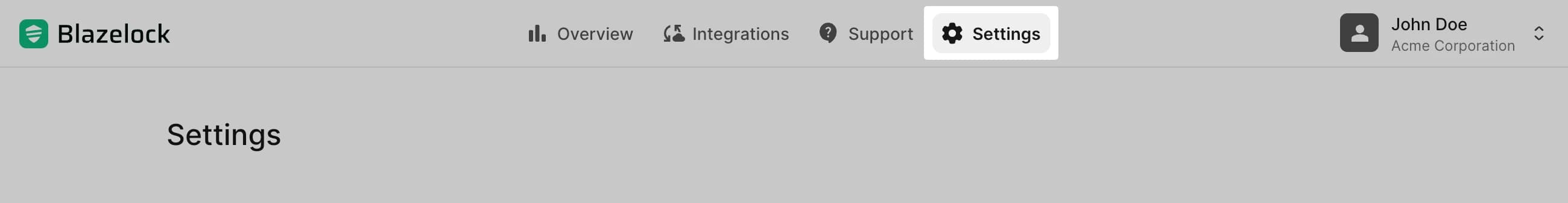 Top navigation with the Settings entry