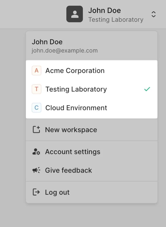 User menu with workspace switcher and active workspace